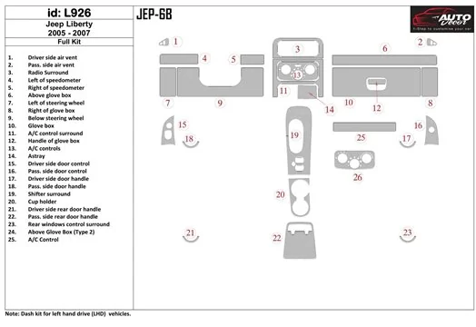 Jeep Liberty 2005-2007 Ensemble Complet BD Kit la décoration du tableau de bord - 1 - habillage decor de tableau de bord