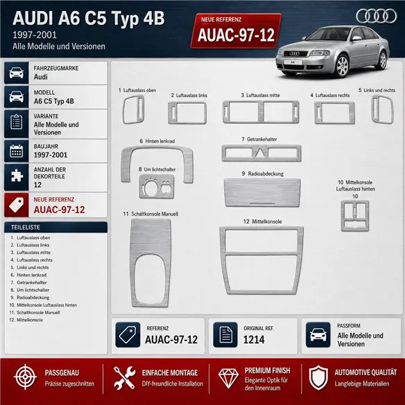 Audi A6 C5 Typ 4B 1997-2001 3D interieur dashboard decoratieset dashboard decor 12-delen