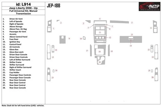 Jeep Liberty 2008-UP Full Universal Set, Manual Gear Box BD Interieur Dashboard Bekleding Volhouder