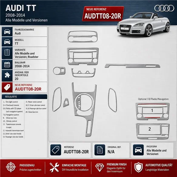 Audi TT 2008-2014-Roadster kit 3D de molduras interiores para salpicadero 20 piezas