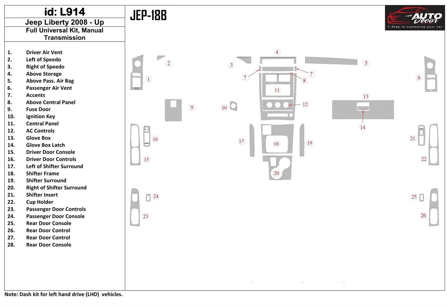 Jeep Liberty 2008-UP Full Universal Set, Manual Gear Box Decor de carlinga su interior