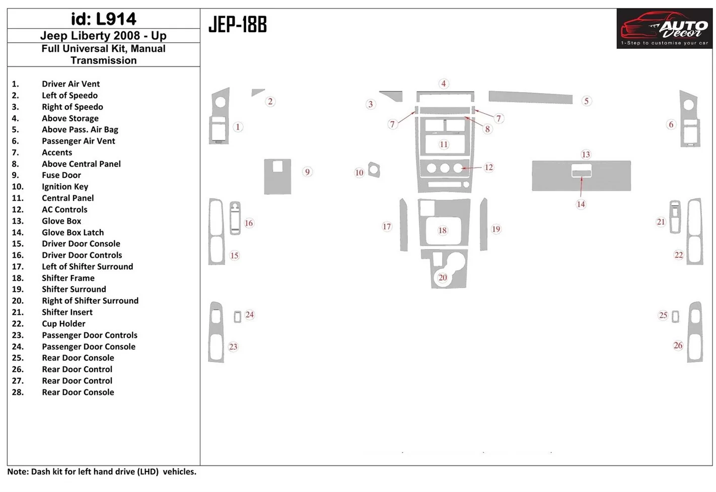 Jeep Liberty 2008-UP Full Universal Set, Manual Gear Box Interior BD Dash Trim Kit