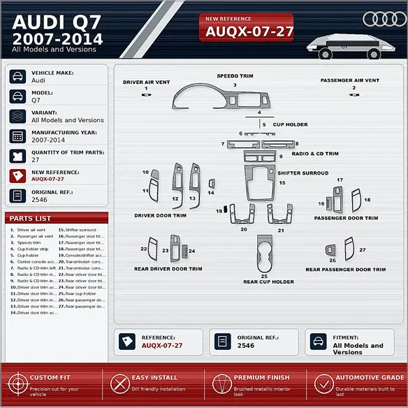 Audi Q7 2007-2014 3D Interior Dashboard Trim Kit Dash Trim Dekor 27-Parts