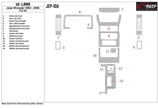 Jeep Wrangler 2003-2006 Full Set Cruscotto BD Rivestimenti interni