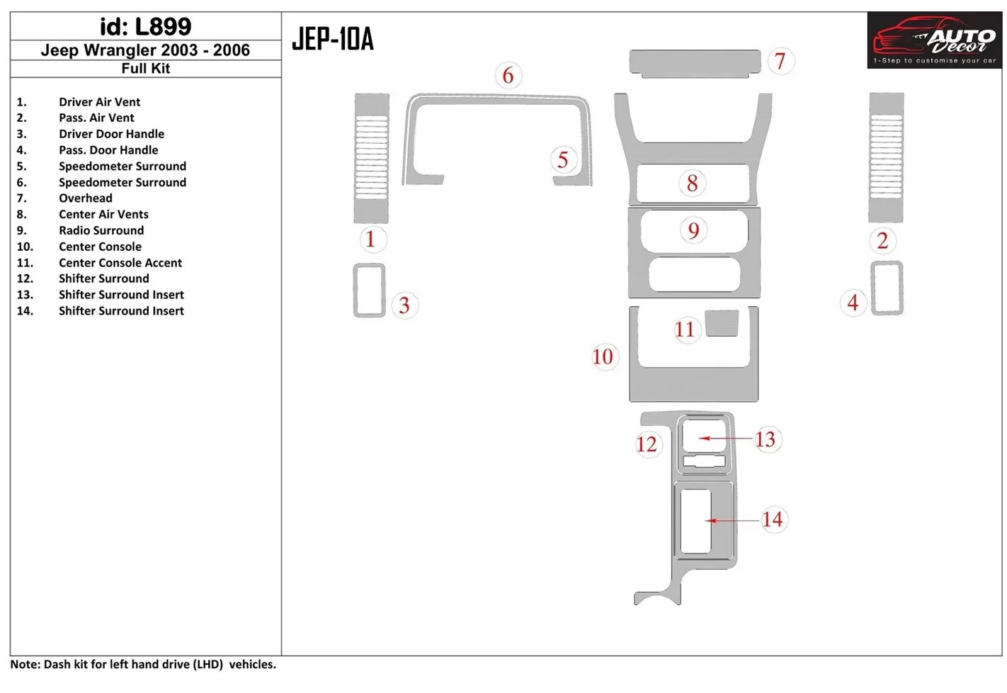 Jeep Wrangler 2003-2006 Ensemble Complet BD Kit la décoration du tableau de bord - 1 - habillage decor de tableau de bord