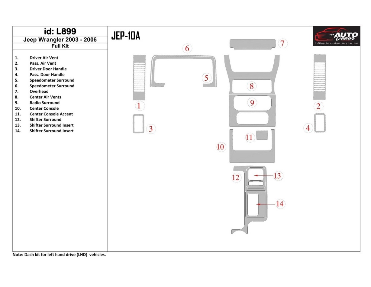 Jeep Wrangler 2003-2006 Voll Satz BD innenausstattung armaturendekor cockpit dekor - 1- Cockpit Dekor Innenraum