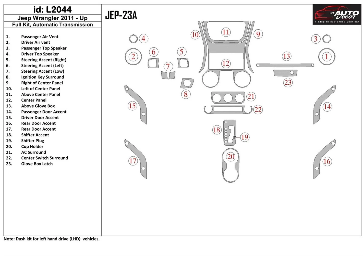 Jeep Wrangler 2011-UP Automatic Gearbox Interior BD Dash Trim Kit