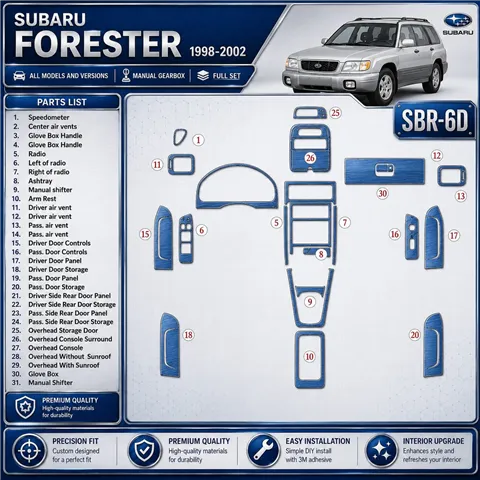 Subaru Forester 1998-2002 boîte manuelle, kit complet, 31 pièces kit décoration intérieure tableau de bord
