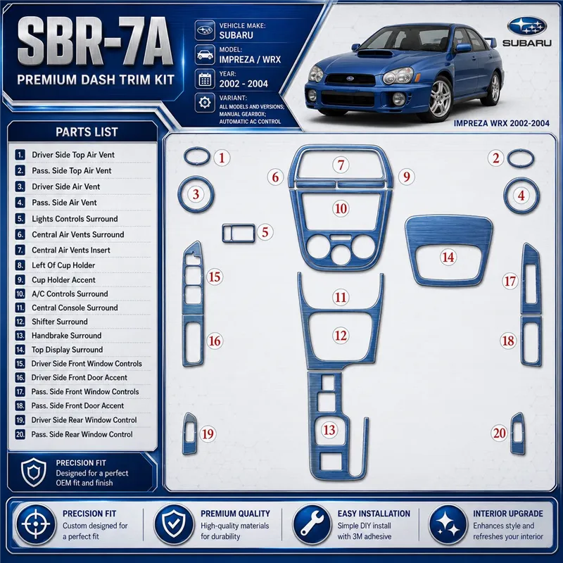 Subaru Impreza/WRX 2002-2004 cambio manuale; Automatic comandi climatizzatore kit rivestimento cruscotto e interni 3D