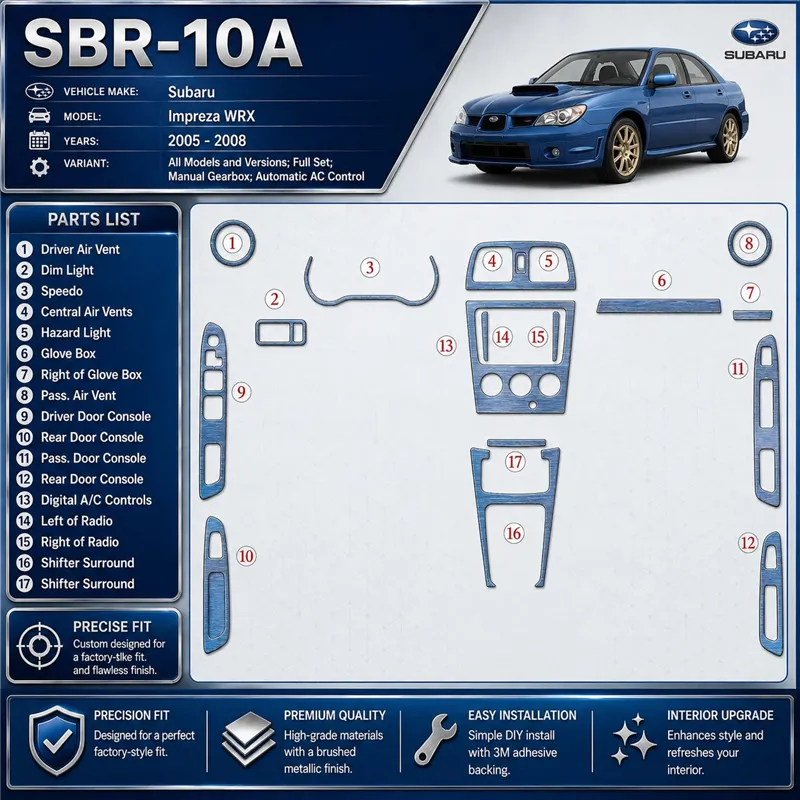 Subaru Impreza WRX 2005-2008 kit complet, boîte manuelle boîte, automatique AC Control kit décoration intérieure tableau de bord