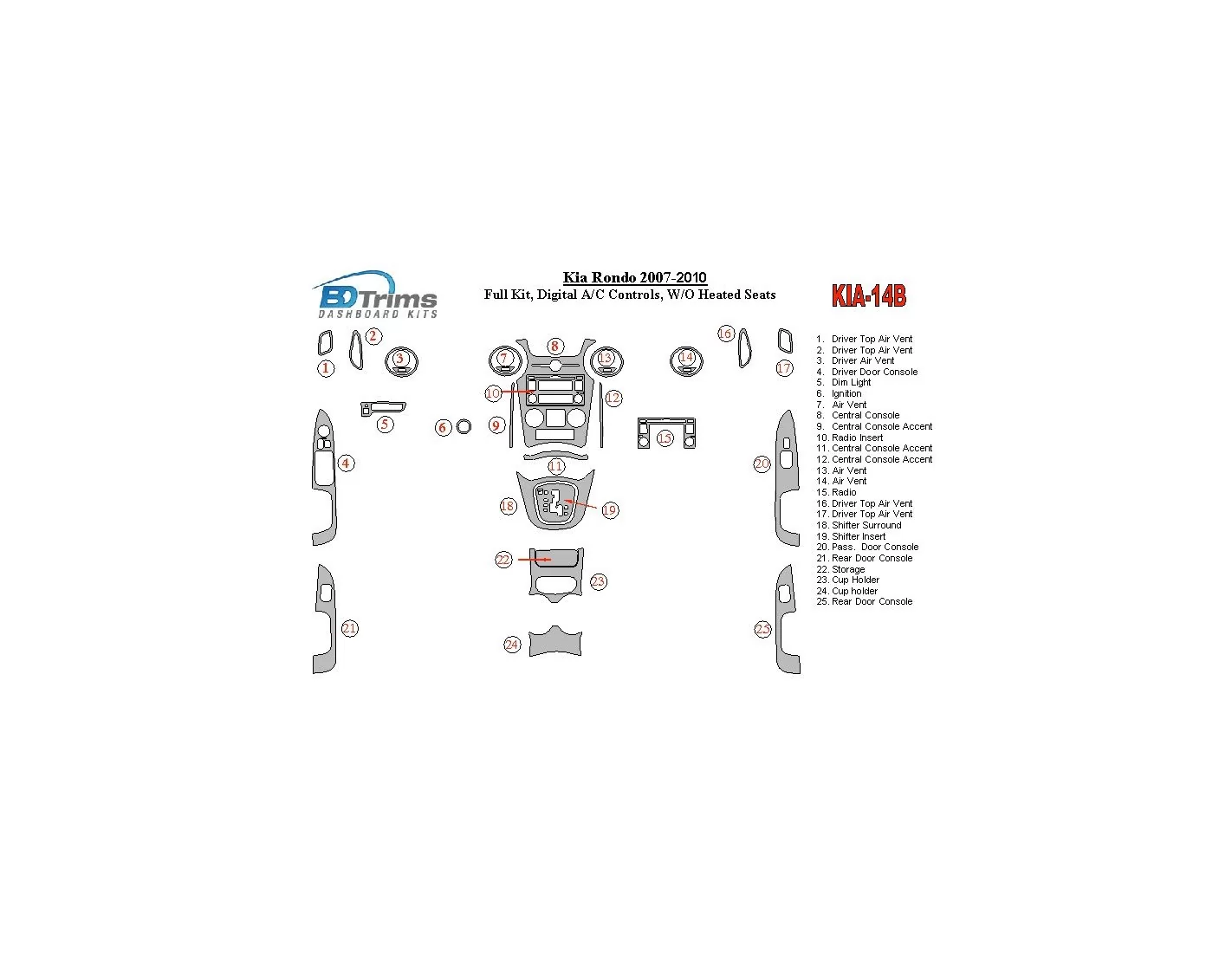 Kia Carens/Rondo 2007-UP Full Set, Automatic A/C Controls, W/O Heated Seats Interior BD Dash Trim Kit