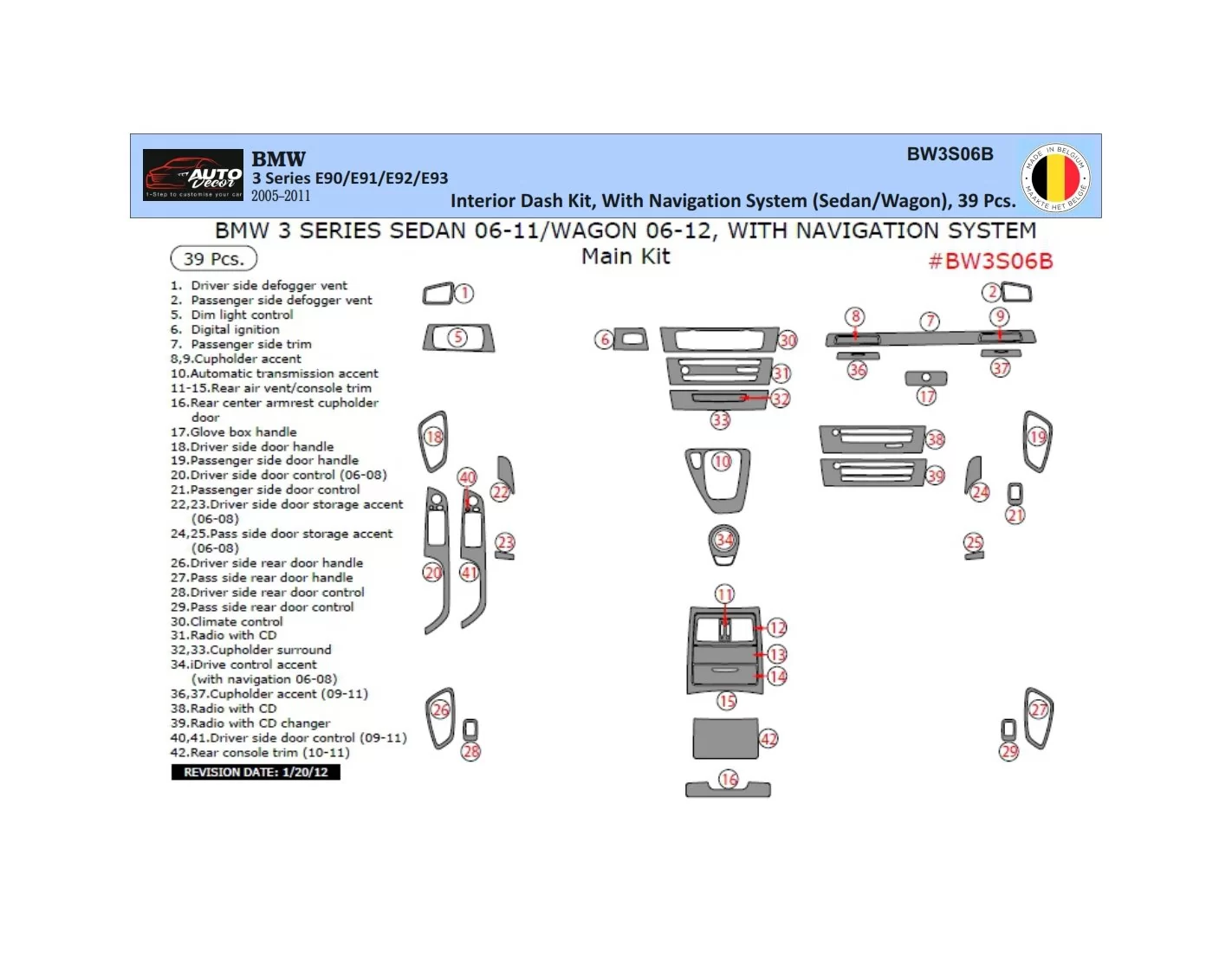 BMW 3 Reeks E90 2005-2011 3D Interieur Dashboard Trim Kit Dash Trim Dekor 39-Parts