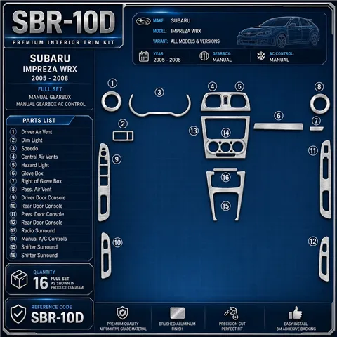 Subaru Impreza WRX 2005-2008 Full Set, Manual Gear Box, Manual Gearbox AC Control interieur dashboard decoratieset dashboard dec