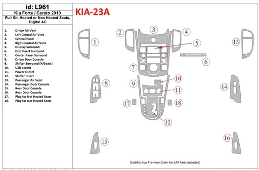 KIA Cerato 2010-2011 Full Set, Sedan BD Interieur Dashboard Bekleding Volhouder