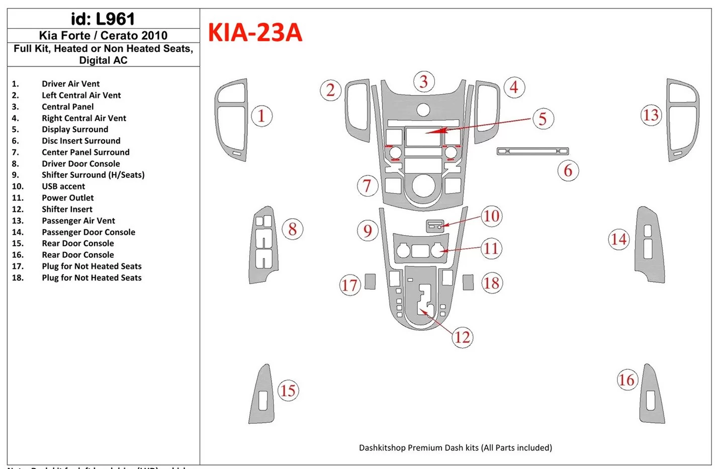 KIA Cerato 2010-2011 Voll Satz, Sedan BD innenausstattung armaturendekor cockpit dekor - 1- Cockpit Dekor Innenraum