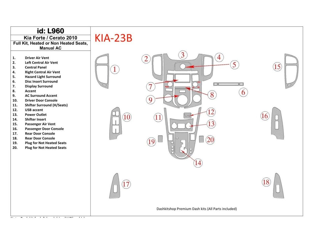 Kia Cerato 2010-2011 Full Set, With Heating and Without Seats Heating, Climate-Control Interior BD Dash Trim Kit