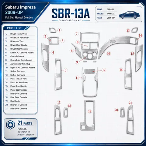 Subaru Impreza 2009-in poi set completo; cambio manuale kit rivestimento cruscotto e interni 3D