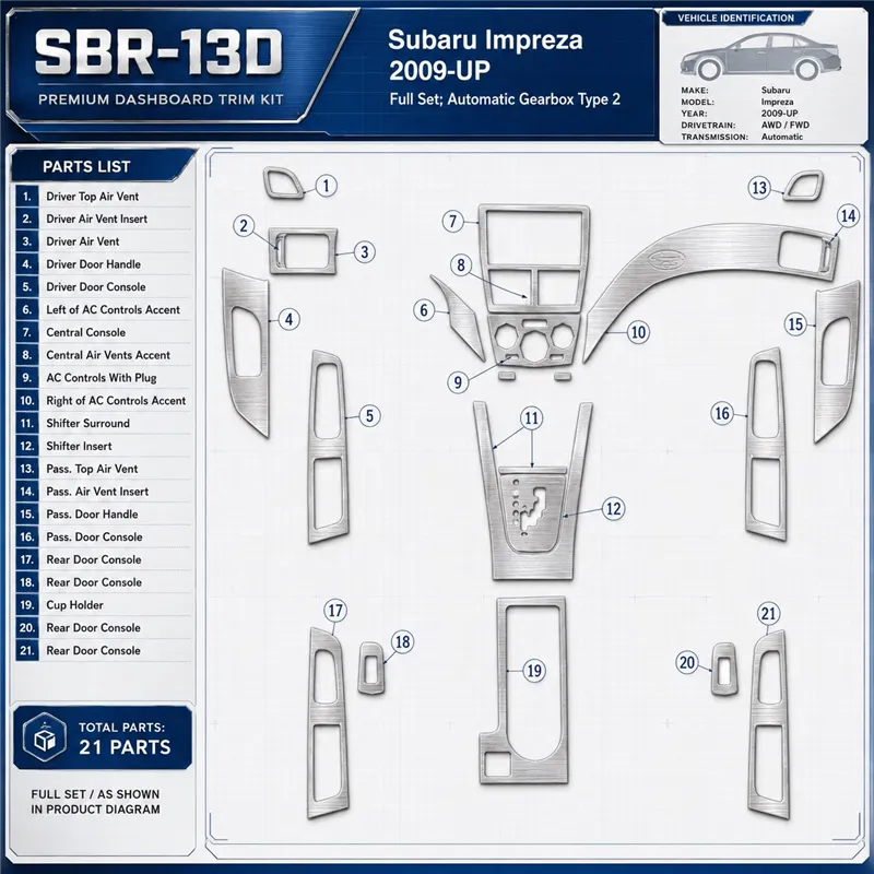 Subaru Impreza 2009 - à aujourd’hui kit complet, boîte automatique Type 2 kit décoration intérieure tableau de bord
