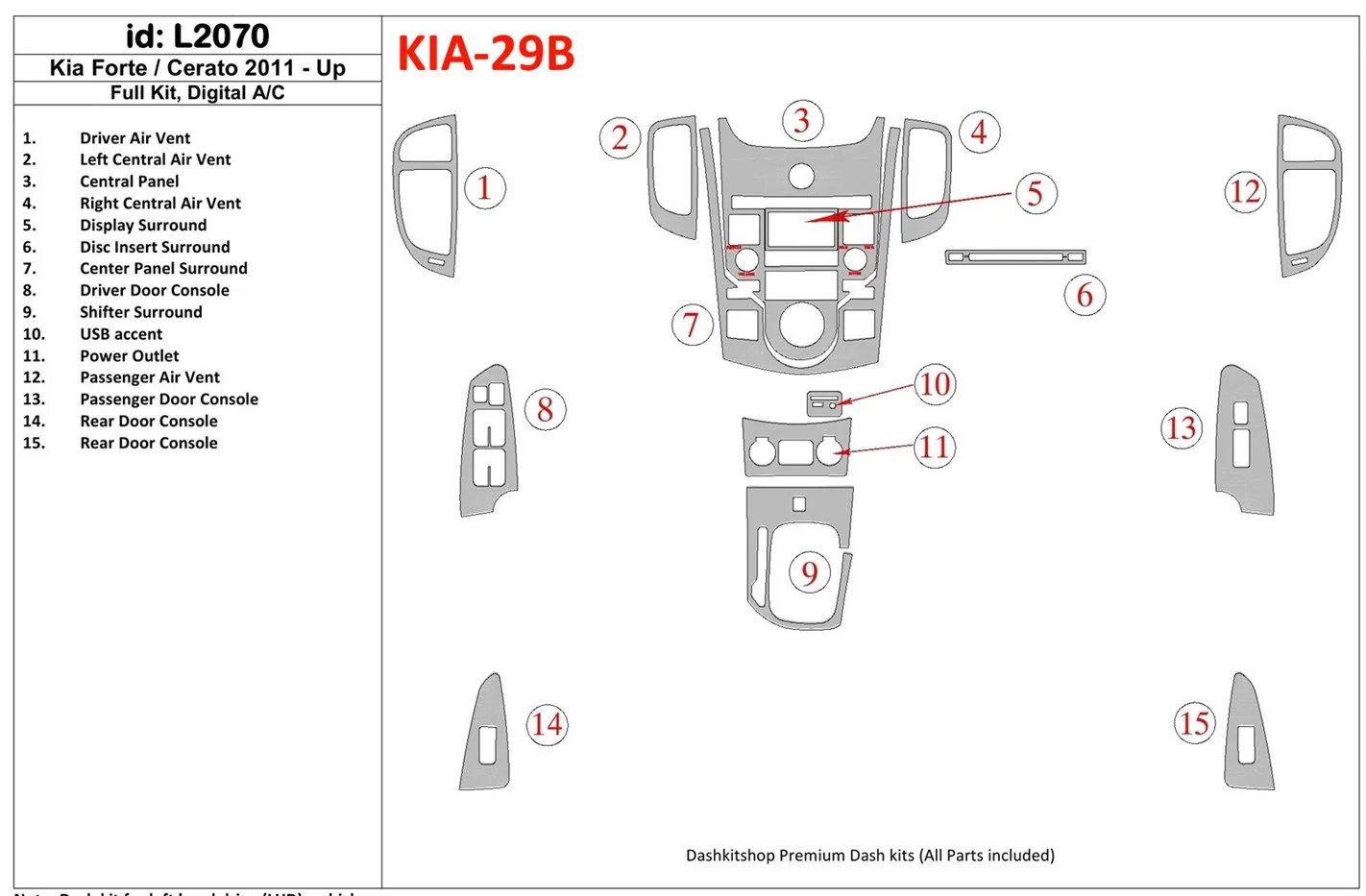 KIA Cerato 2011-UP Voll Satz, Climate-Control BD innenausstattung armaturendekor cockpit dekor - 1- Cockpit Dekor Innenraum