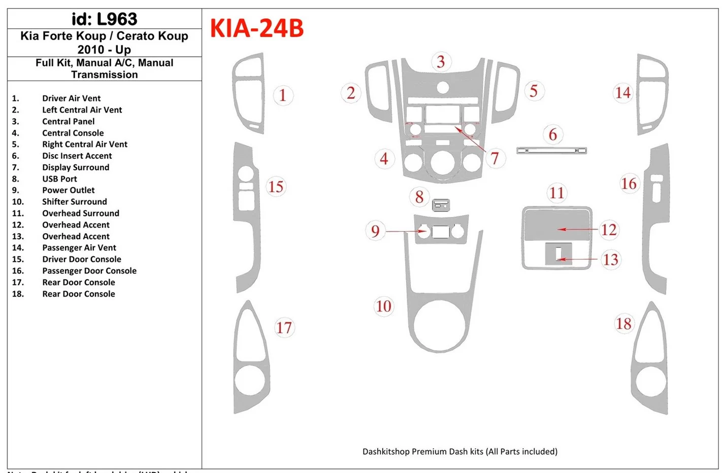 KIA Cerato Koup 2010-UP Voll Satz, Aircondition, Manual Gear Box BD innenausstattung armaturendekor cockpit dekor - 1- Cockpit D