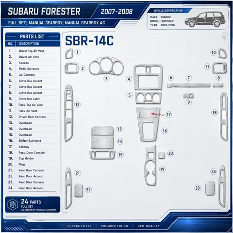 Subaru Forester 2007-2008 Full Set, Manual Gear Box, Manual Gearbox AC Interior Dashboard Trim Kit Dash Trim Dekor