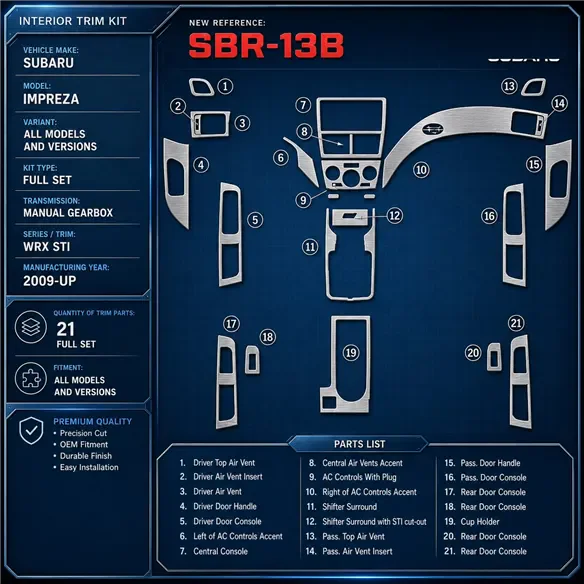 Subaru Impreza 2009-in poi set completo; cambio manuale; ?? STI kit rivestimento cruscotto e interni 3D