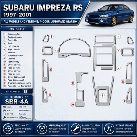 Subaru Impreza RS 1997-Actualidad 4 Doors, caja automática, 18 piezas set kit de molduras interiores para salpicadero