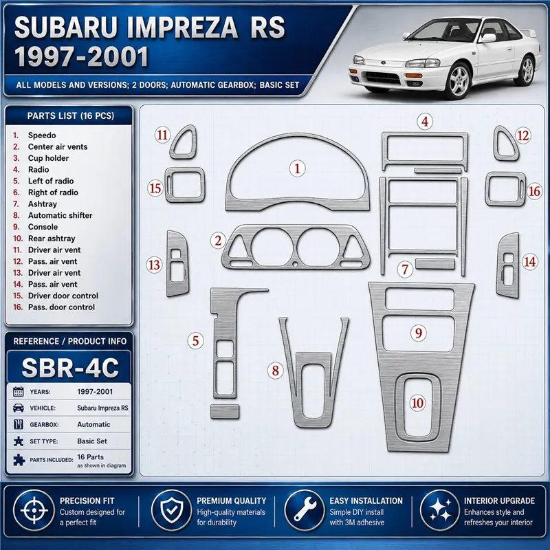 Subaru Impreza RS 1997-heden 2 Doors, Automatic Gearbox, Basic Set, 16 delen set interieur dashboard decoratieset dashboard deco