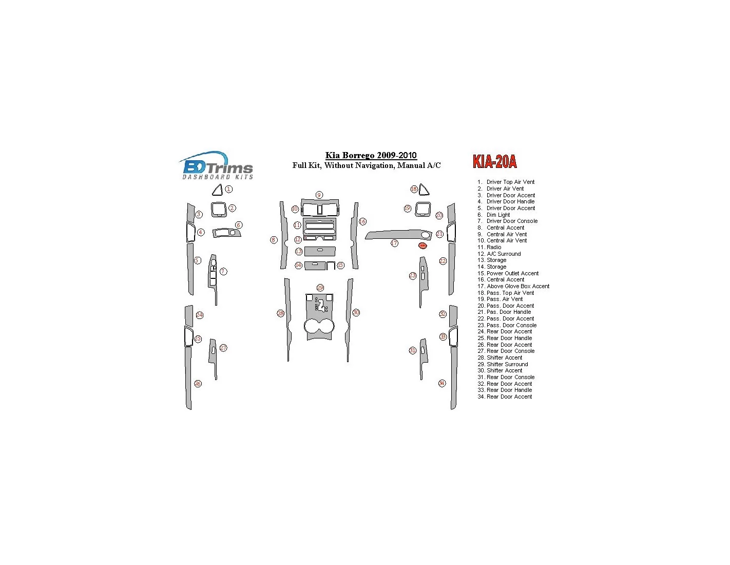 KIA Mohave 2008-UP Full Set, Without NAVI Interior BD Dash Trim Kit