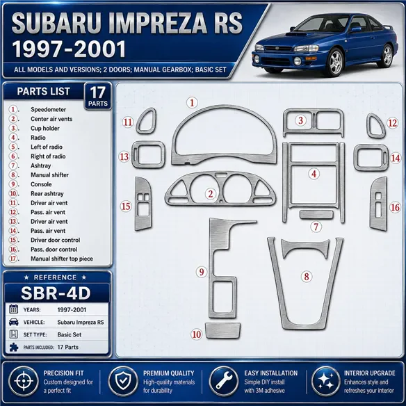 Subaru Impreza RS 1997-heden 2 Doors, Manual Gearbox, Basic Set, 17 delen set interieur dashboard decoratieset dashboard decor