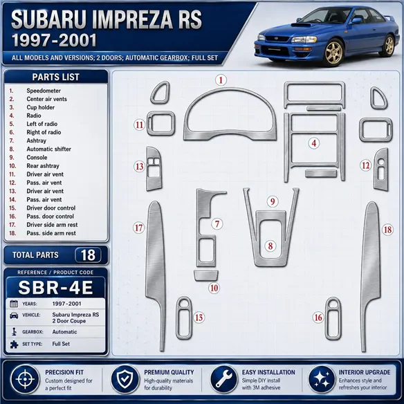Subaru Impreza RS 1997-heden 2 Doors, Automatic Gearbox, Full Set, 18 delen set interieur dashboard decoratieset dashboard decor