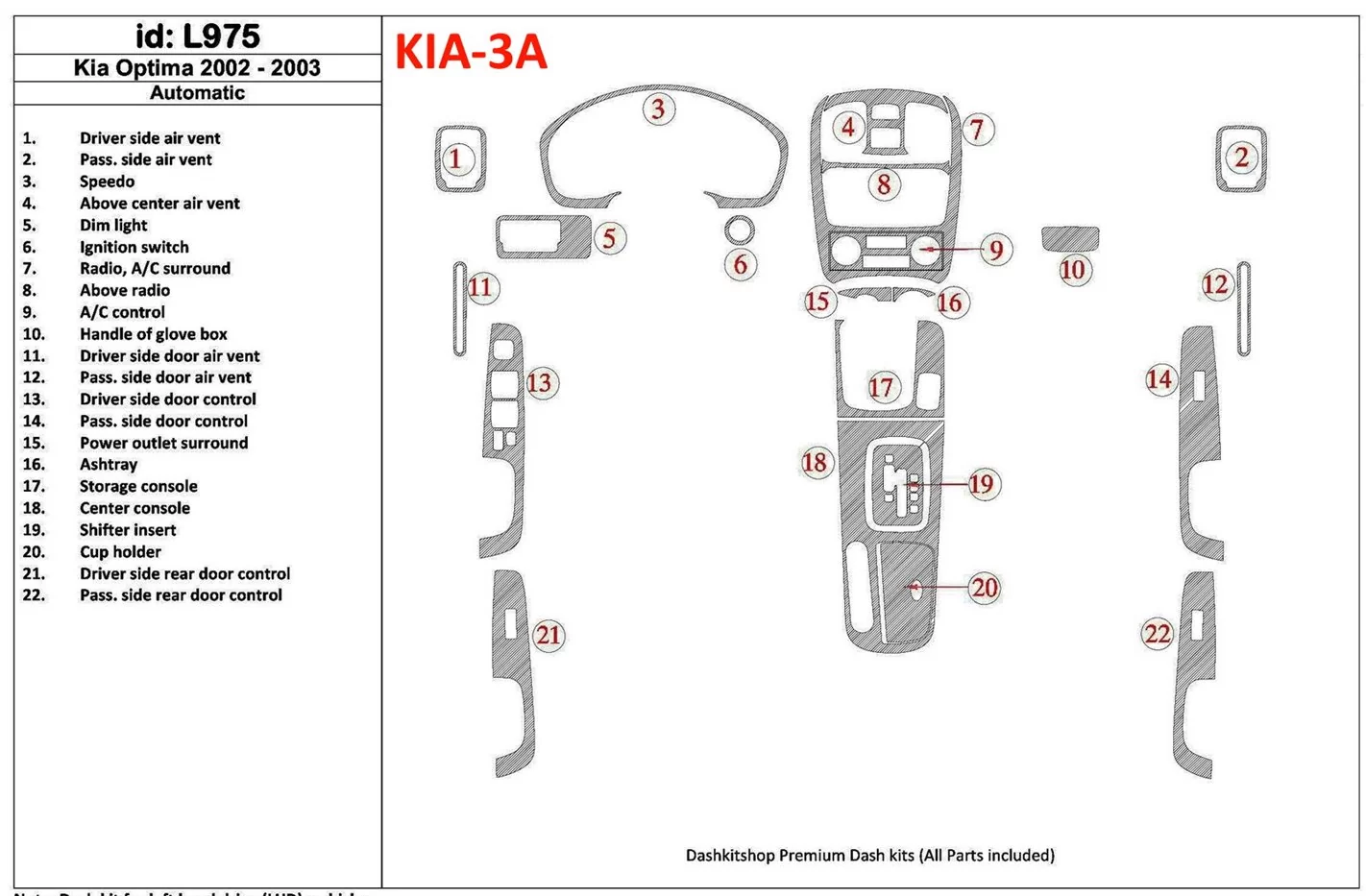 Kia Optima 2002-2003 Automatic Gearbox Interior BD Dash Trim Kit