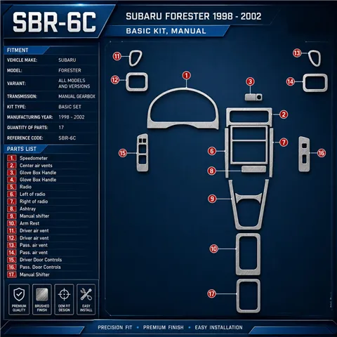 Subaru Forester 1998-2002 boîte manuelle, kit de base, 17 pièces kit décoration intérieure tableau de bord