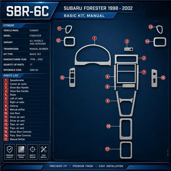 Subaru Forester 1998-2002 boîte manuelle, kit de base, 17 pièces kit décoration intérieure tableau de bord