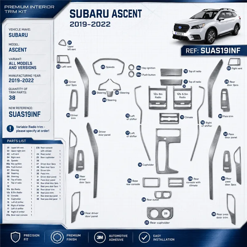 Subaru Ascent 2019-2022 kit de molduras interiores para salpicadero juego completo 37 piezas