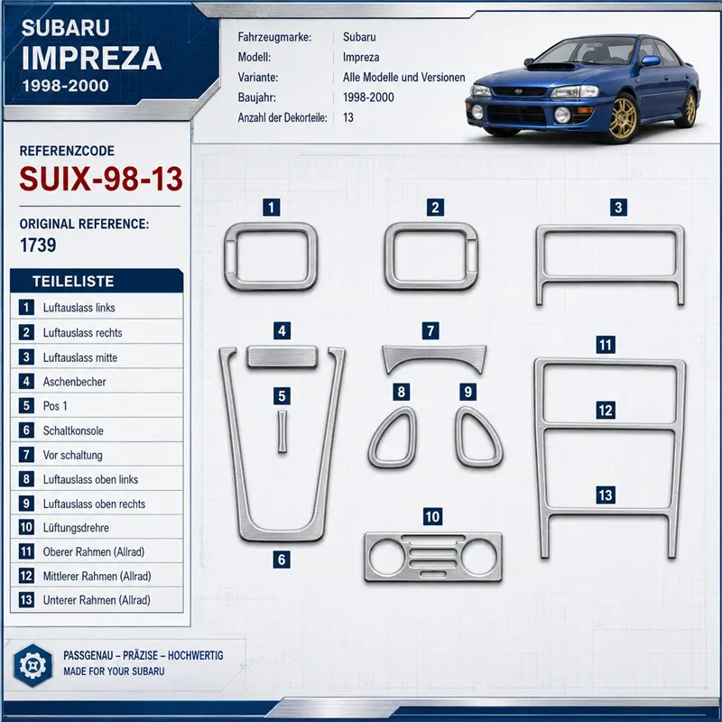 Subaru Impreza 1998-2000 kit 3D de molduras interiores para salpicadero 13 piezas