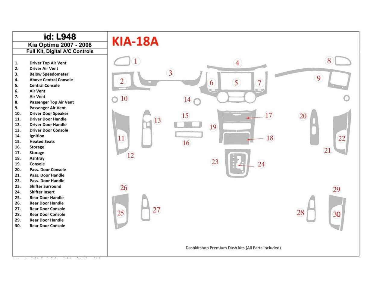 KIA Optima 2007-2008 Full Set, Automatic AC Control Interior BD Dash Trim Kit