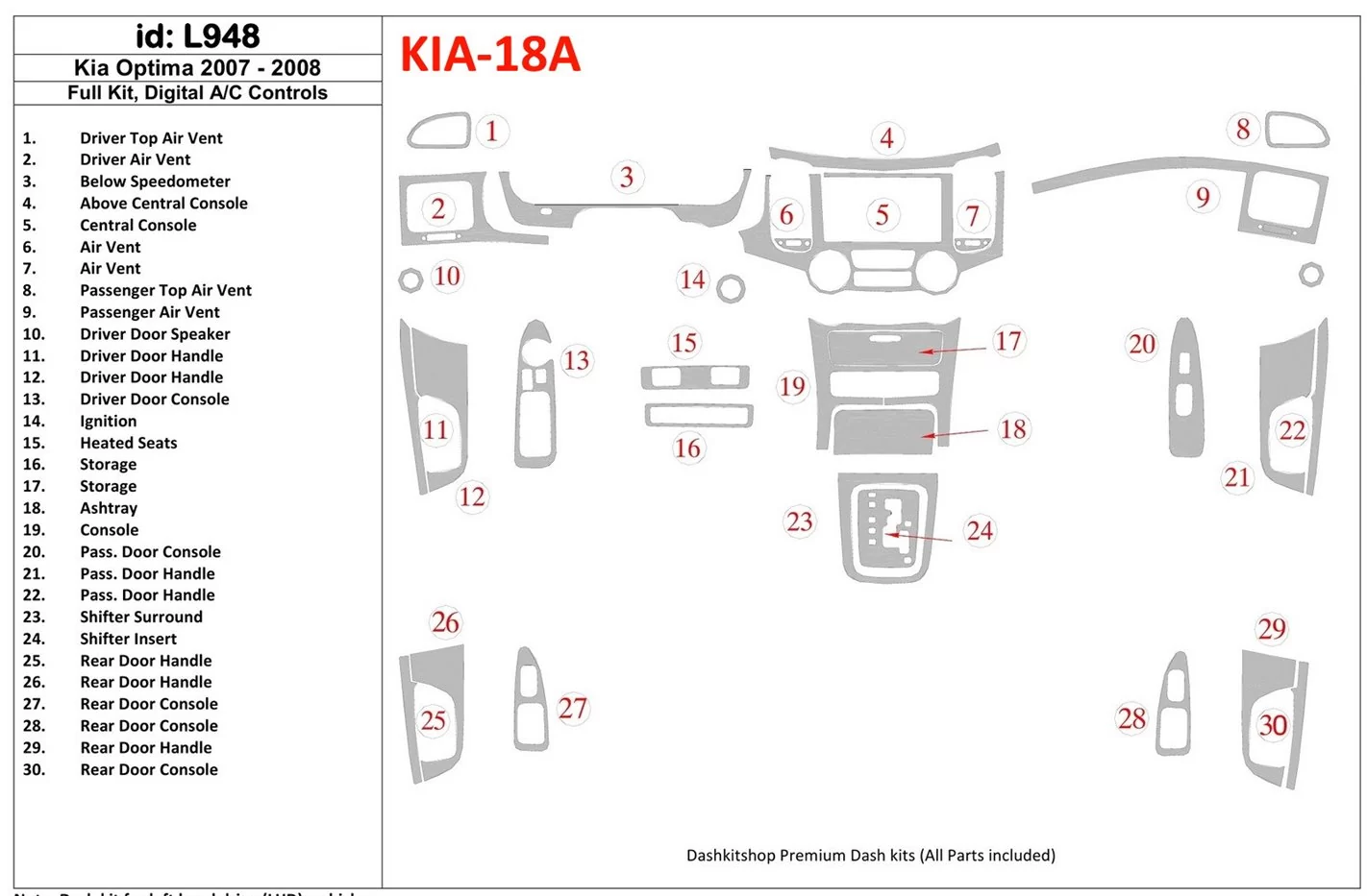 KIA Optima 2007-2008 Full Set, Automatic AC Control Cruscotto BD Rivestimenti interni