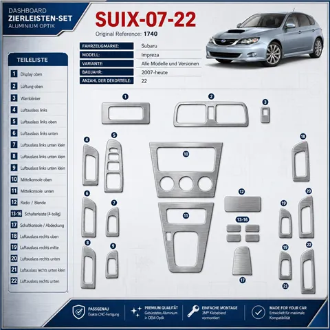 Subaru Impreza 2007-Actualidad kit 3D de molduras interiores para salpicadero 22 piezas