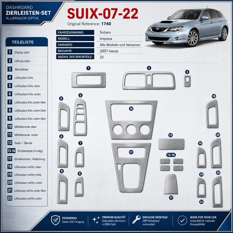 Subaru Impreza 2007-UP 3D Interior Dashboard Trim Kit Dash Trim Dekor 22-Parts