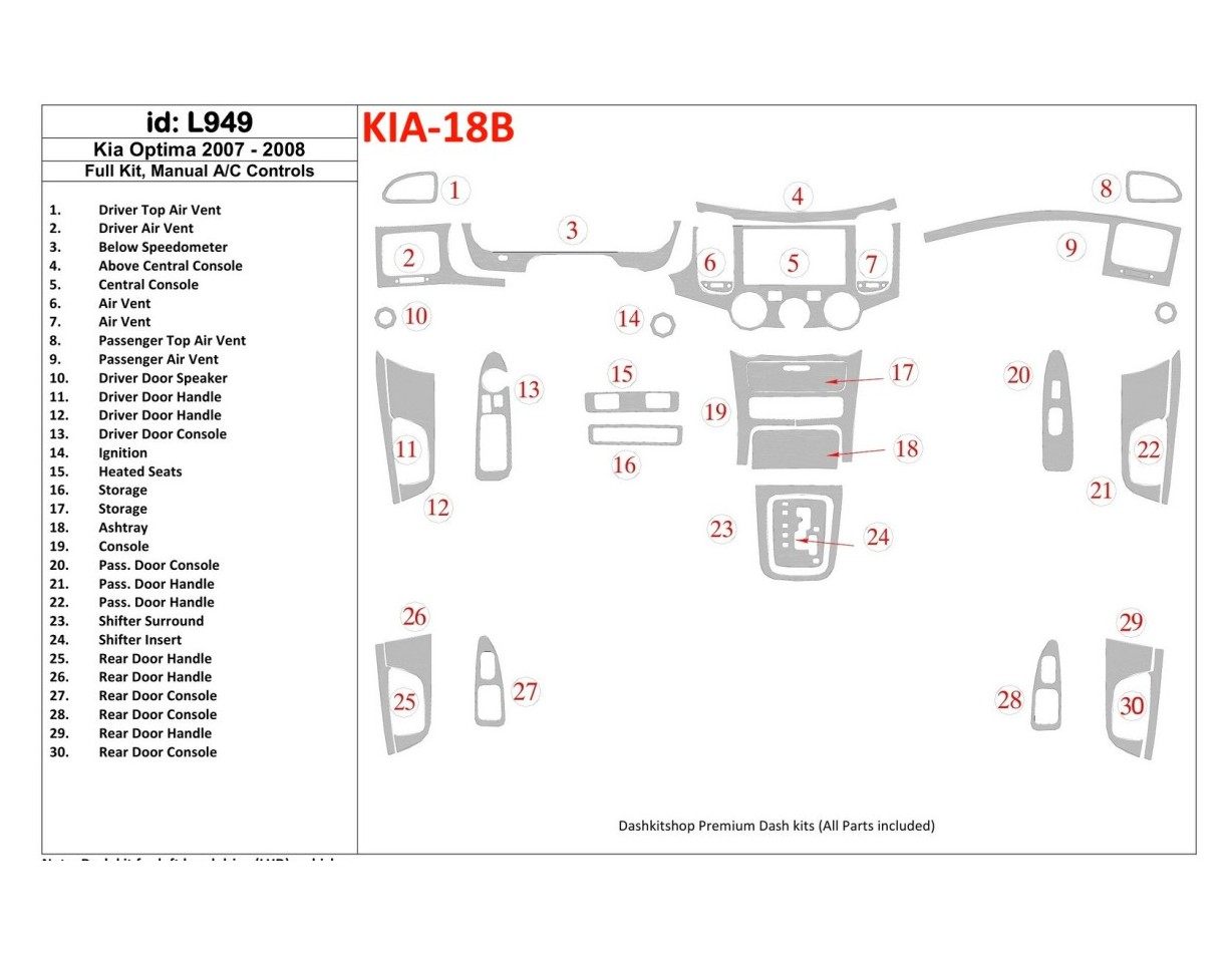 KIA Optima 2007-2008 Full Set, Manual Gearbox A/C Controls Decor de carlinga su interior