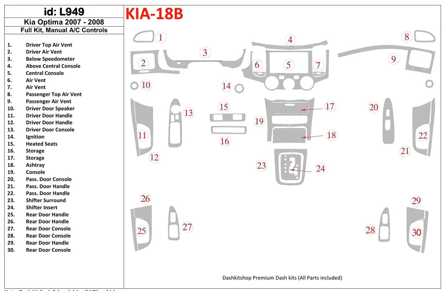 KIA Optima 2007-2008 Full Set, Manual Gearbox A/C Controls Interior BD Dash Trim Kit