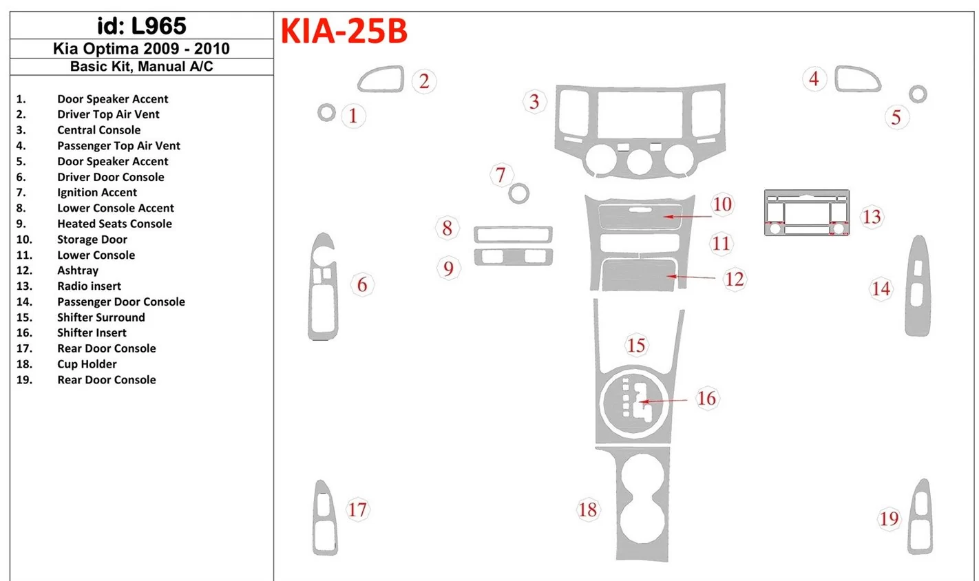 KIA Optima 2009-2010 Basic Set, Manual Gearbox AC BD Interieur Dashboard Bekleding Volhouder