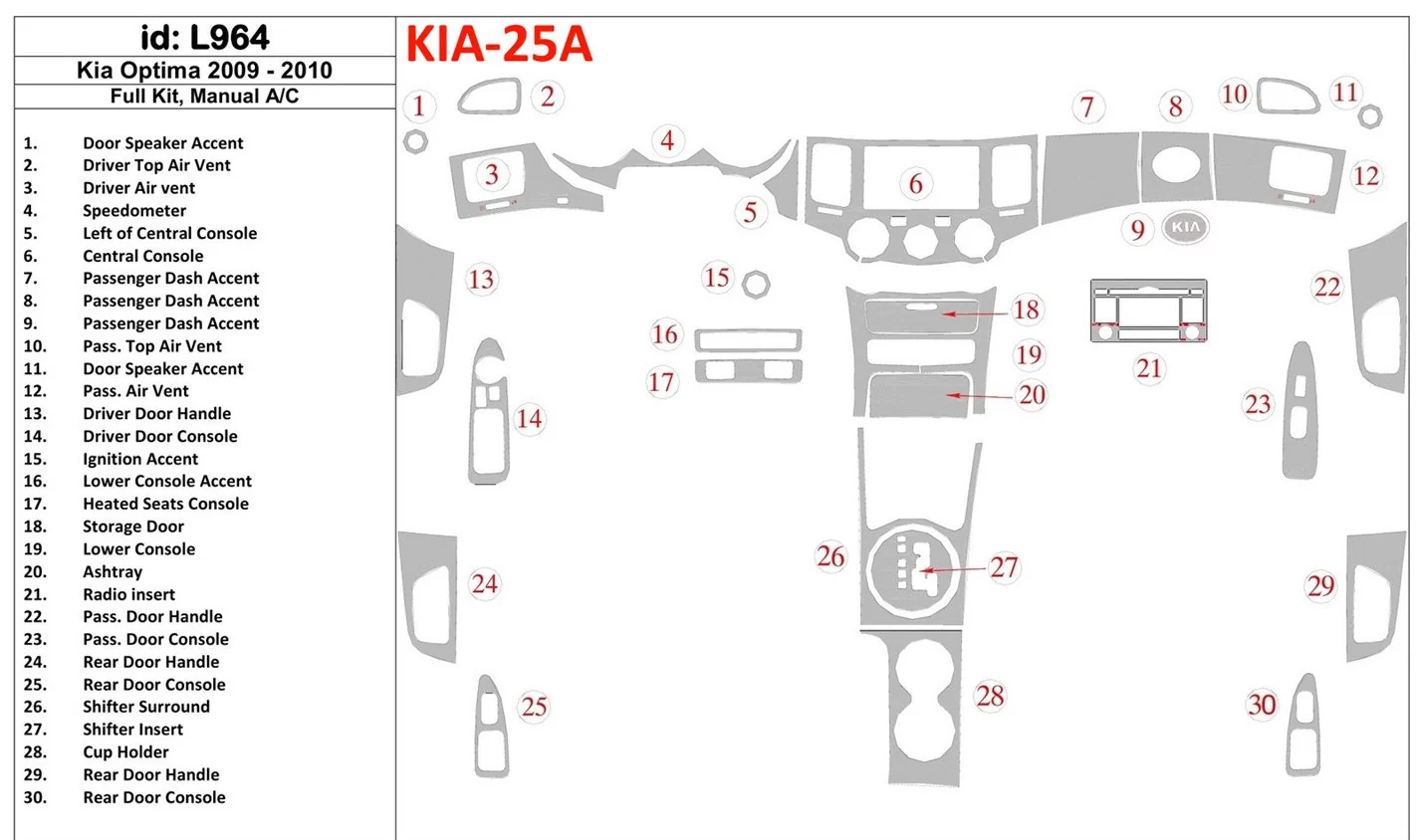 KIA Optima 2009-2010 Full Set, Manual Gearbox AC BD Interieur Dashboard Bekleding Volhouder