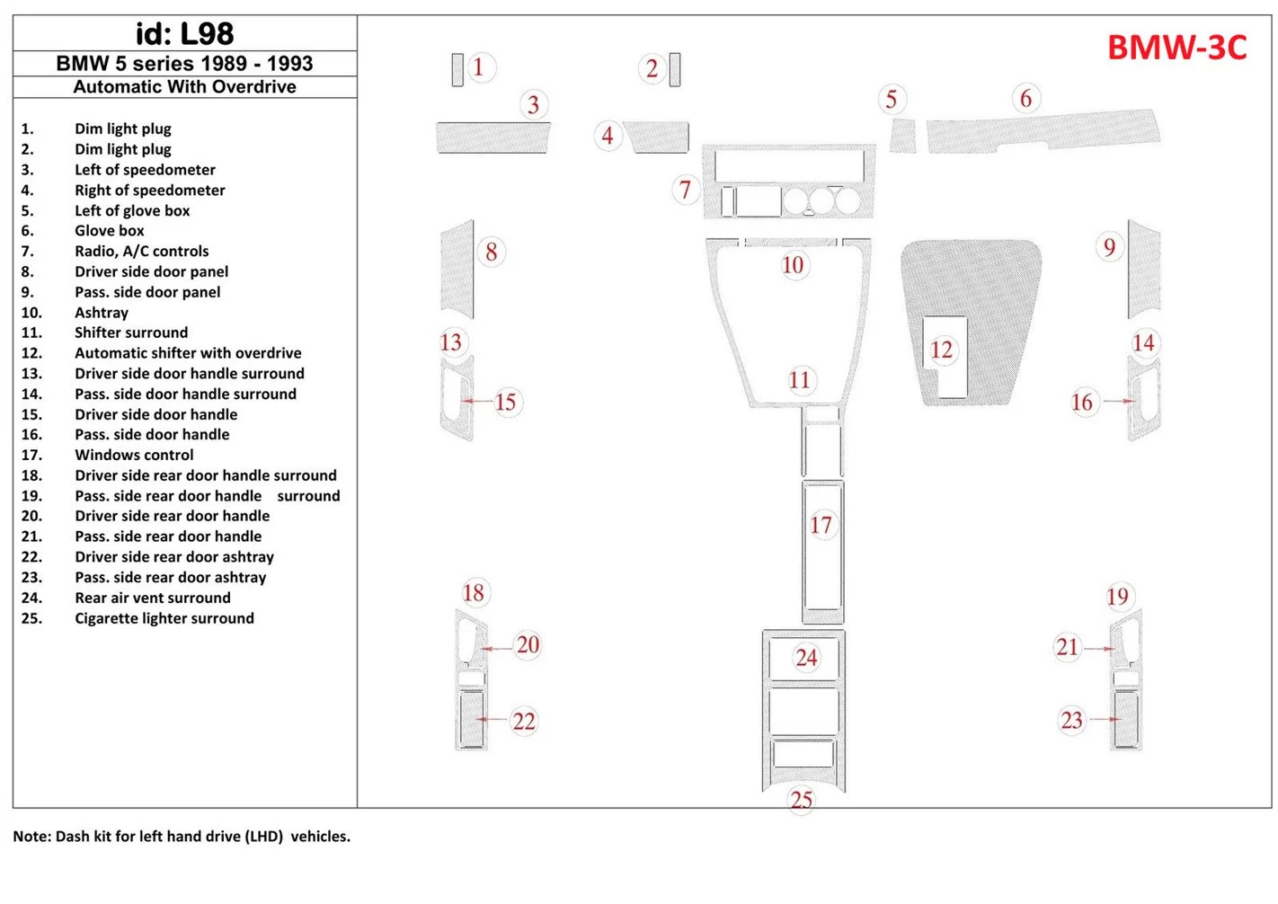 BMW 5 1989-1993 Automatic Gearbox, With Overdrive, 25 Parts set Interior BD Dash Trim Kit