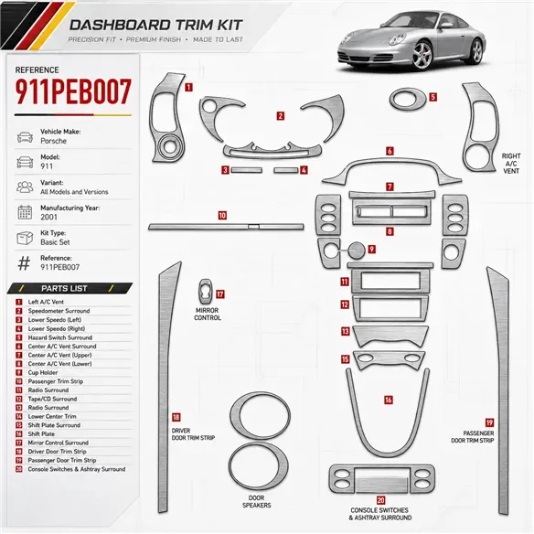 Porsche 911 2001½ Basic Interior Dashboard Trim Kit Dash Trim Dekor