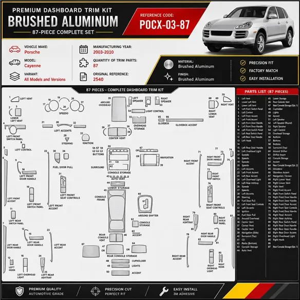 Porsche Cayenne 2003-2010 kit 3D de molduras interiores para salpicadero 87 piezas