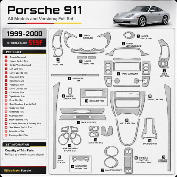 Porsche 911 1999-2000 Full kit de molduras interiores para salpicadero