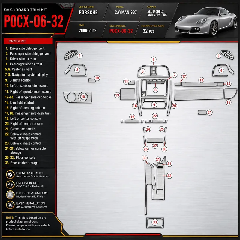 PORSCHE CAYMAN 987 2006-2012 kit 3D de molduras interiores para salpicadero 32 piezas
