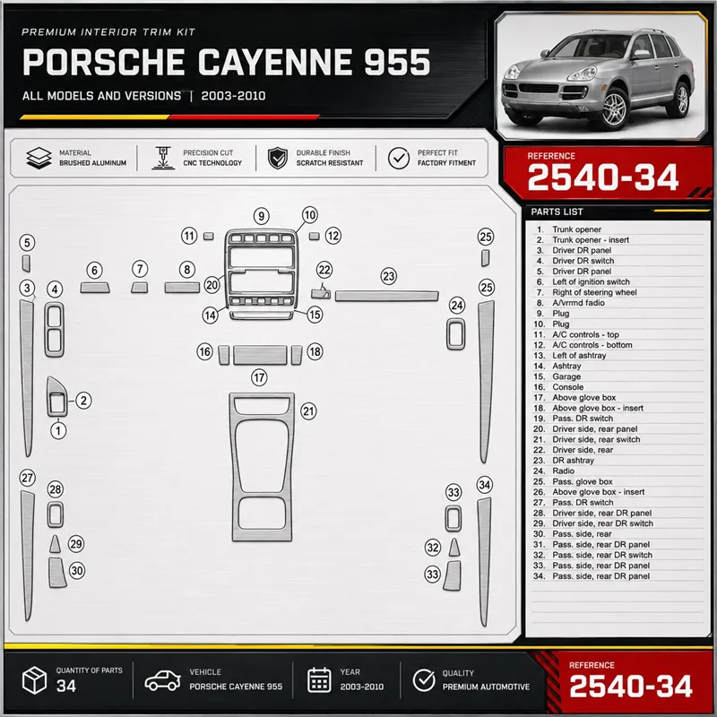 Porsche Cayenne 955 2003-2010 kit 3D de molduras interiores para salpicadero 34 piezas